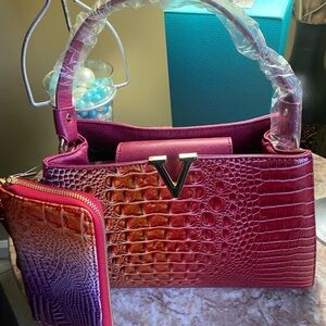 2 piece Elegant Pink Crocodile Pattern Handbag and Wallet Set